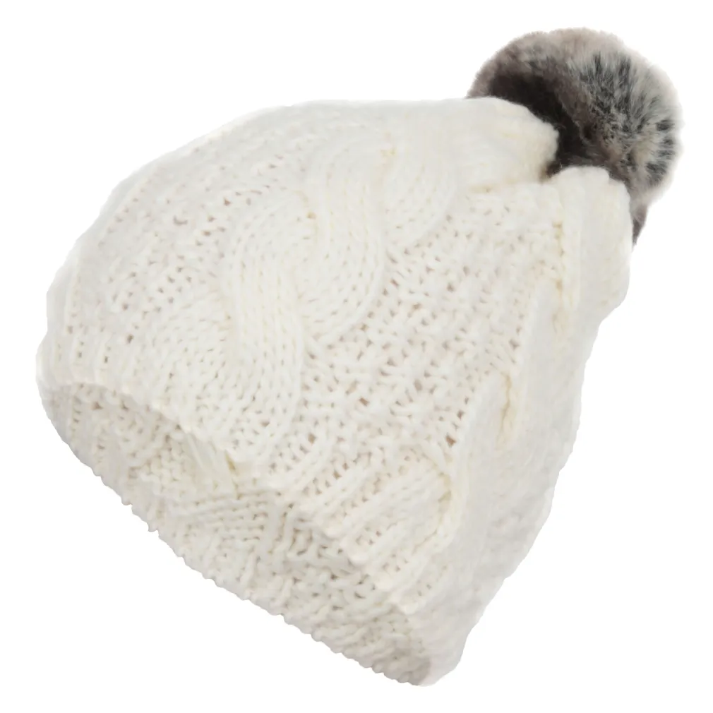 W261Bc White With Pompon Knitted Acrylic Winter Hat With Pompon