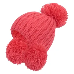 W229F Red Warm Knitted Winter Hat With Decorative Pom-Poms