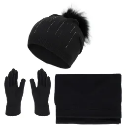 W455E Damski zimowy komplet czarny czapka szalik rękawiczki