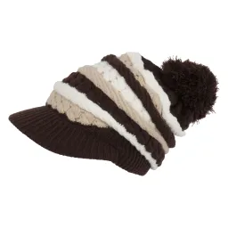 W76C Beige-Brown A Warm Winter Hat Knitted With Visor And Pompon Dwarf Smurfette Type