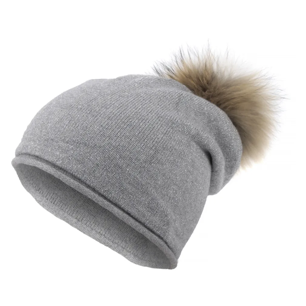 W371E Grey Polar Fashion Winter Hat Elegant With Cashmere Shiny Pompon With Jenot