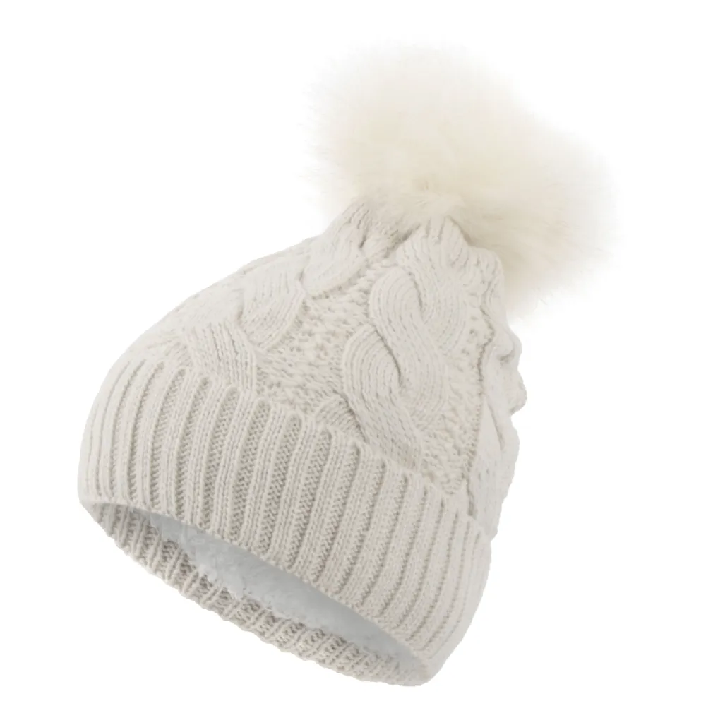 W363Bc Beige Haker Women'S Winter Hat With Knitwear And Pompon, Insulated With Fleece.