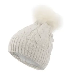 W363BC Beżowa Haker damska zimowa czapka z dzianiny z pomponem ocieplona polarem