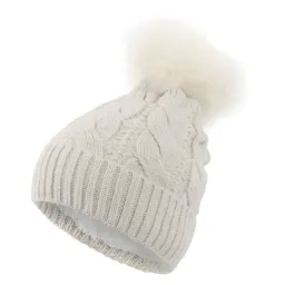 W363Bc Beige Haker Women'S Winter Hat With Knitwear And Pompon, Insulated With Fleece.