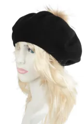 W503H Czarny  Beret damski z Naturalnym pomponem