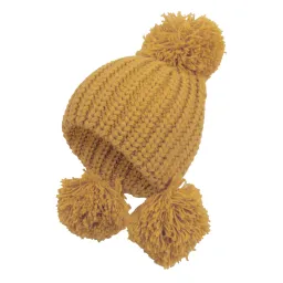 W229C Yellow Warm Knitted Winter Hat With Decorative Pom-Poms