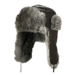 W43D Brown- Grey Warm Winter Leather Eared Hat Insulated With Natural Rabbit Fur