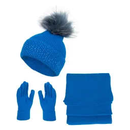 W454B Damski zimowy komplet niebieski czapka szalik rękawiczki