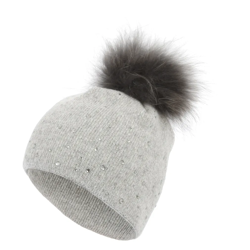 W320B Grey Polar Fashion Winter Hat Elegantly Made With Cashmere Cotton Pompon With Jenot.