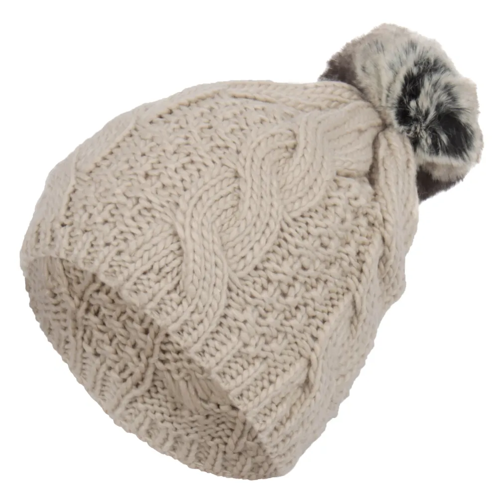 W261Ac Beige Knitted Acrylic Winter Hat With Pompon