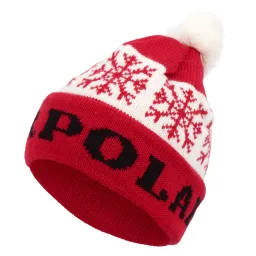 W329C Red Polar Fashion Knitted Winter Hat Beanie Long Snowflake With Pompon