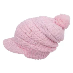 W75B Pink A Warm Winter Hat Knitted With Visor And Pompon Dwarf Smurfette Type