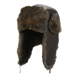 W43C Brown Warm Winter Leather Eared Hat Insulated With Natural Rabbit Fur