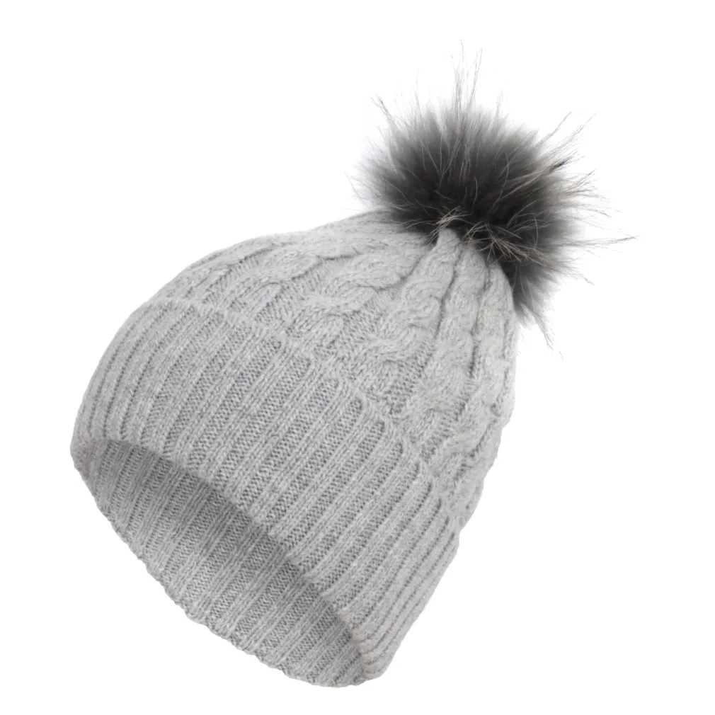 W251D Grey A Warm Winter Hat With Knitwear Pompon With Jenot