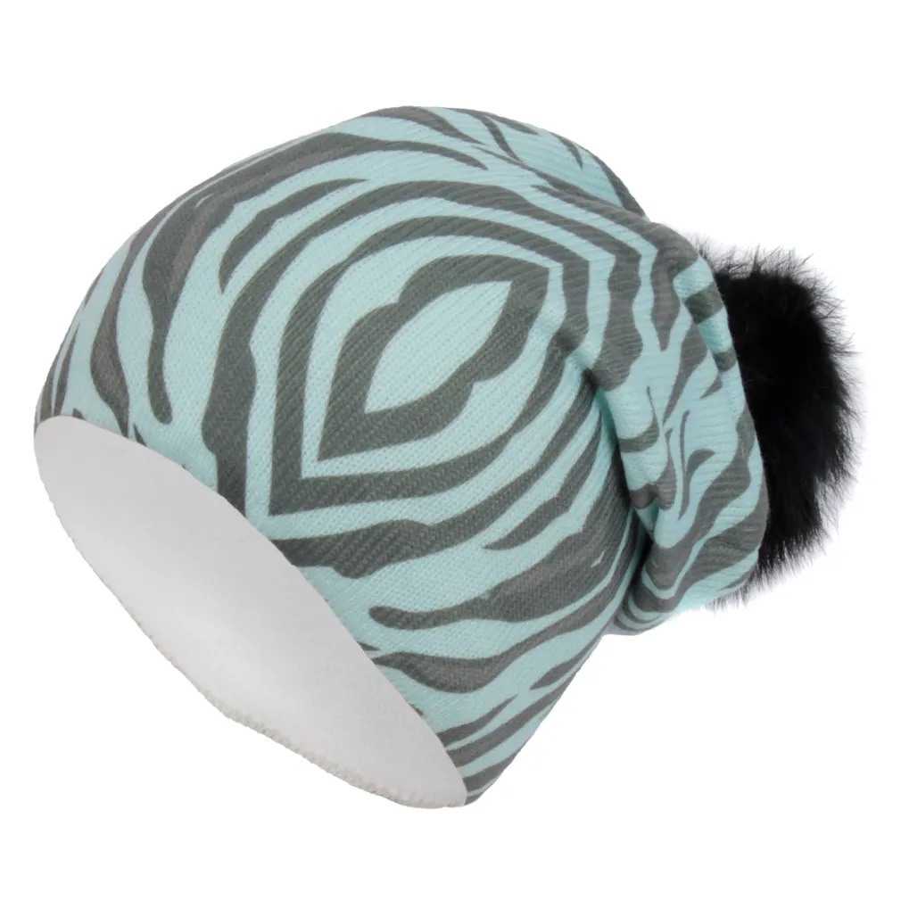 W258A Blue A Warm Winter Hat Zebra With Fleece Pompon With Rabbit Fur