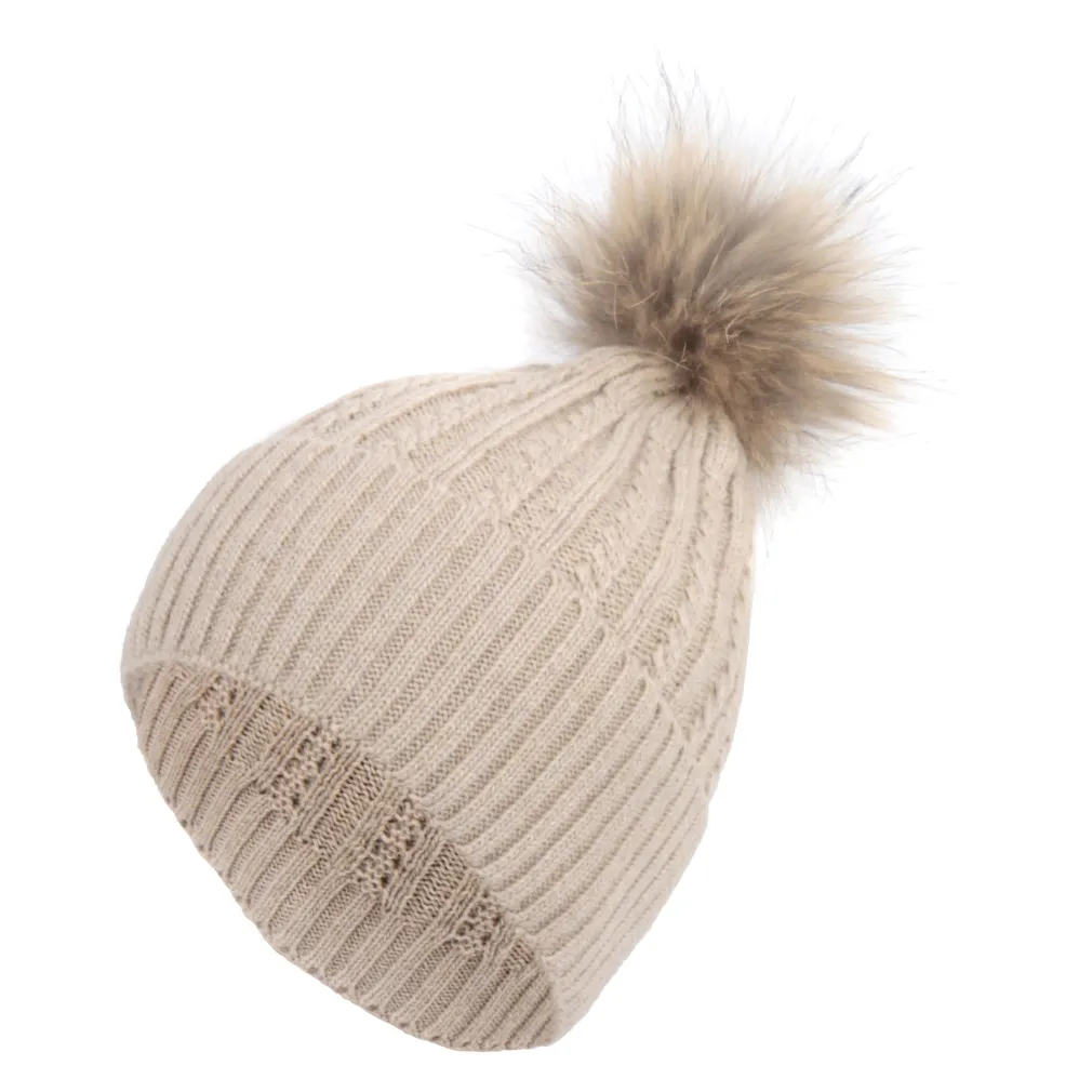 W250E Beige Warm Knitted Winter Hat Pompon With Jenot