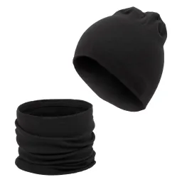 W387A Czarny Gładki komplet czapka i komin dresowy