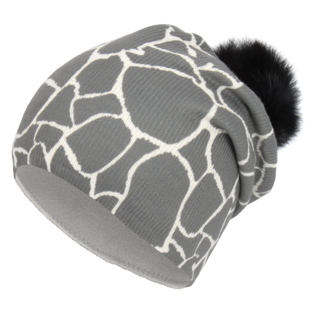 W256E Grey Winter Hat Women'S Pompon With Rabbit Fur