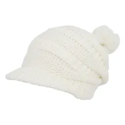 W75A White A Warm Winter Hat Knitted With Visor And Pompon Dwarf Smurfette Type