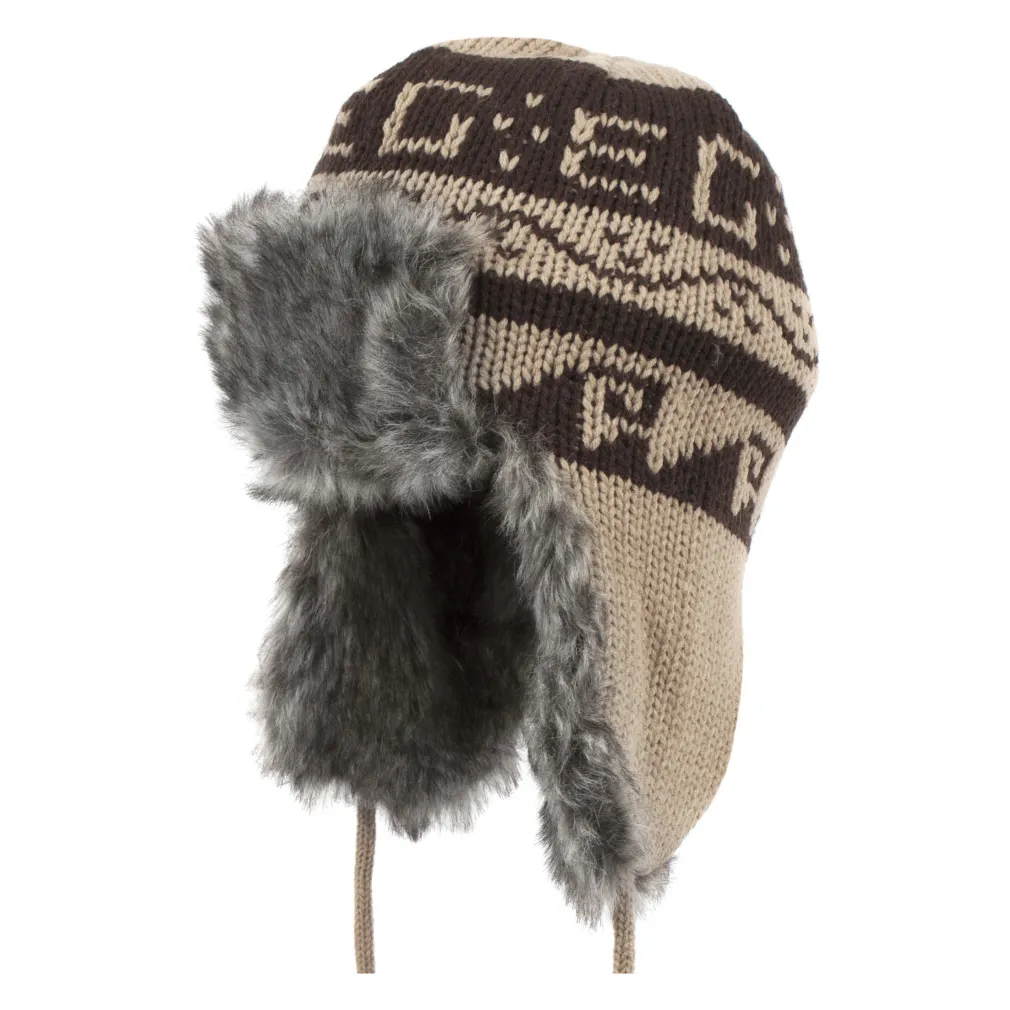 W207C Beige Warm Knitted Eared Winter Hat With Fur