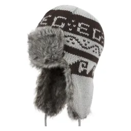 W207E Grey Warm Knitted Eared Winter Hat With Fur