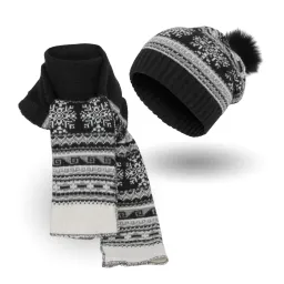 W322Ck Black Polar Fashion Set Knitted Winter Hat Pompon Scarf Beanie Long Snowflake Theme