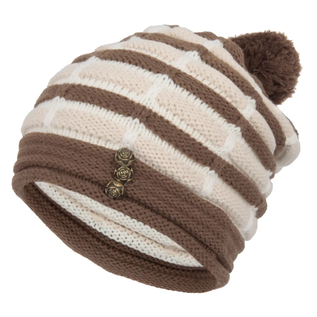 W87B Beige-Brown Warm Dwarf Smurfette Winter Hat With Knitted Fashionable Patterns And Colors