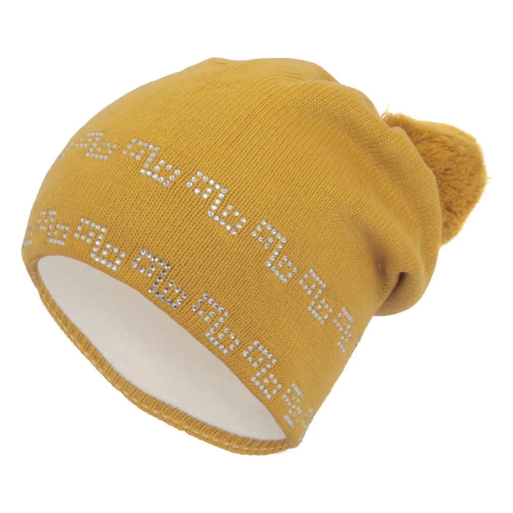 W255D Yellow Women'S Winter Hat With Rhinestones Warm With Fleece