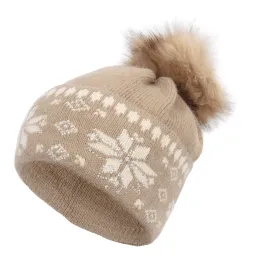W331E Brązowa Polar Fashion ciepła czapka zimowa wywijana beanie oryginalny design motyw śnieżki pompon