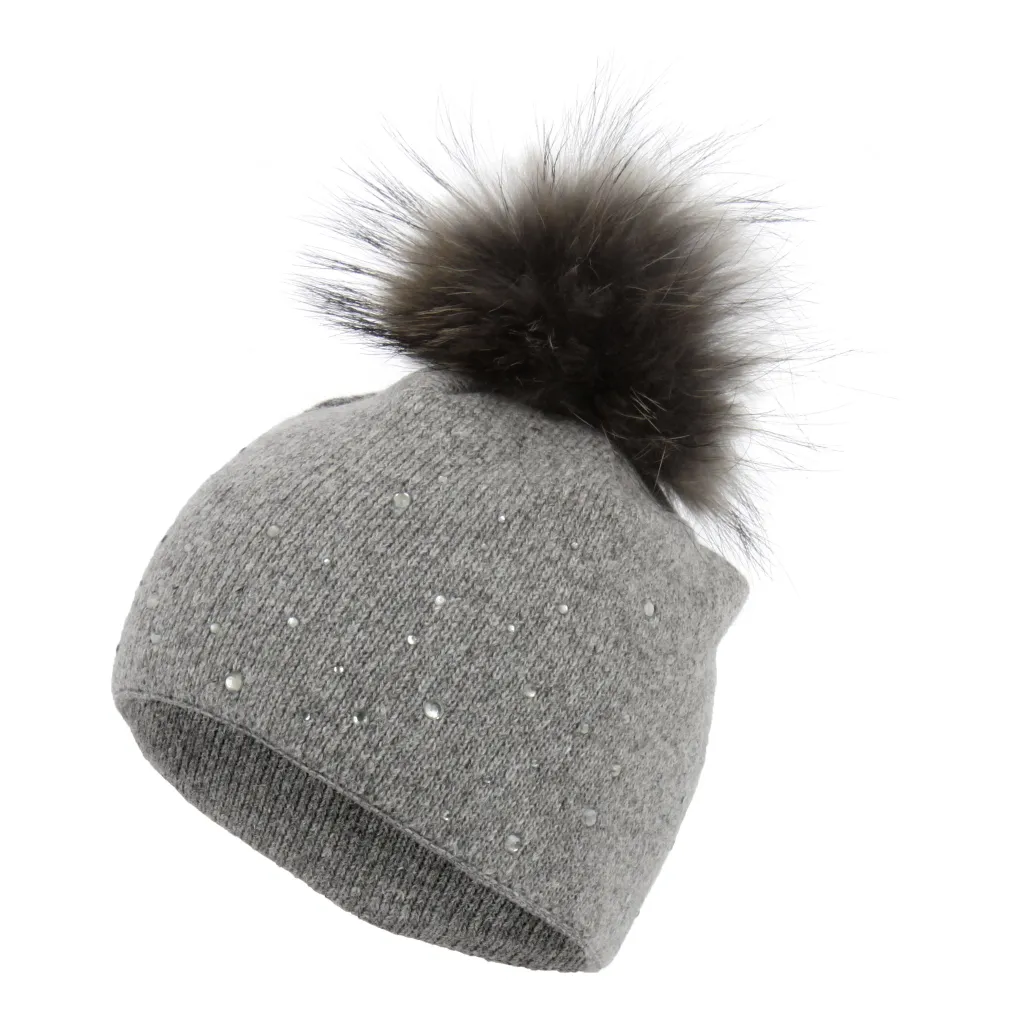 W320C Grey Polar Fashion Winter Hat Elegantly Made With Cashmere Cotton Pompon With Jenot.