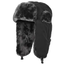 W389A Czarna ciepła czapka zimowa męska uszatka ze ściągaczem