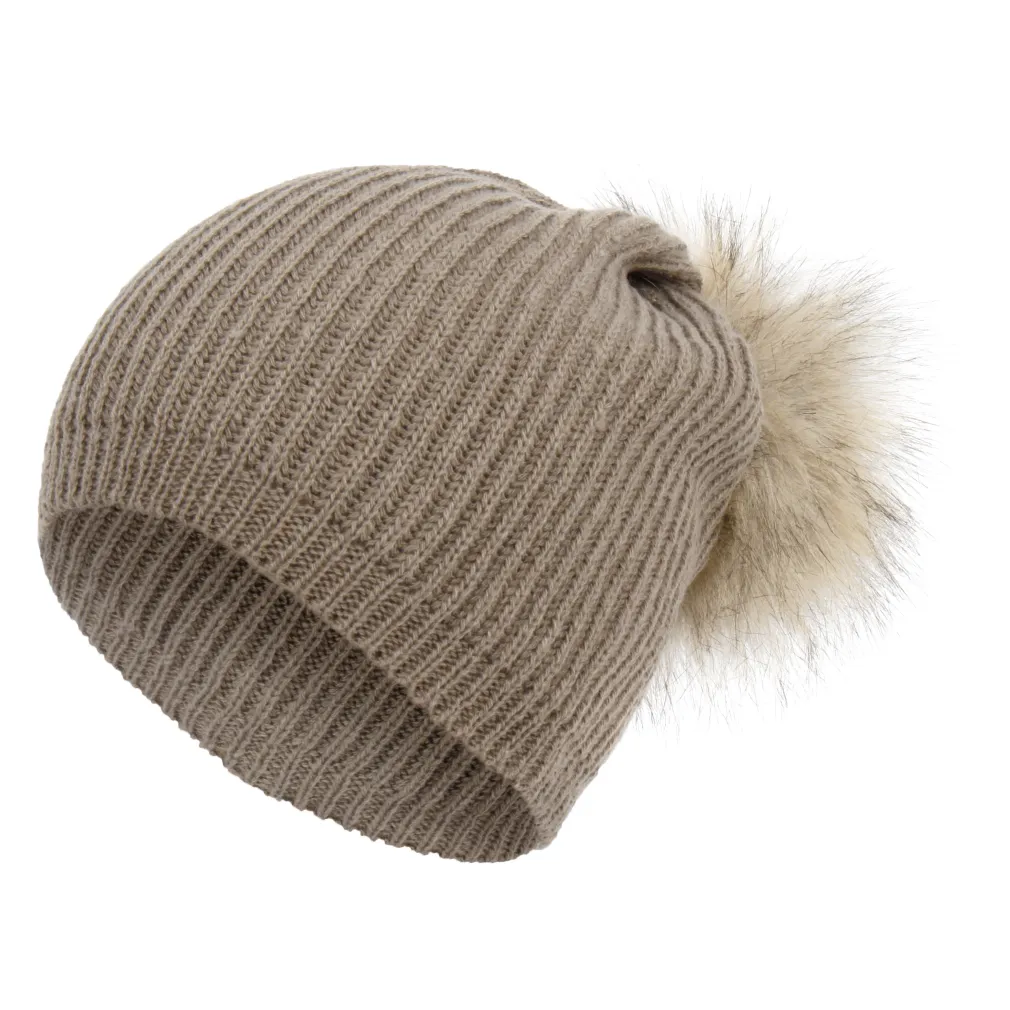 W332B Beige Haker Beanie Long Women'S Hat With Knitted Original Design Pompon