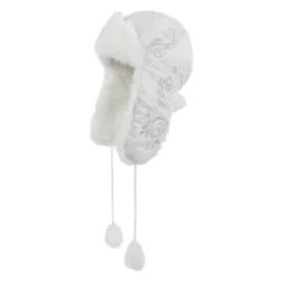 W234A White Eared Winter Hat Warm With Embroidered Pattern