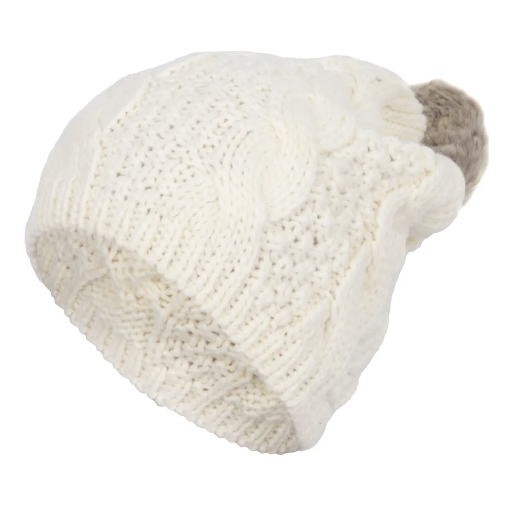 W261Dc White With Pompon Knitted Acrylic Winter Hat With Pompon