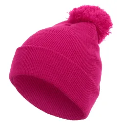 W319A Pink Winter Hat Beanie Dwarf Smooth With Neon Pompon Haker