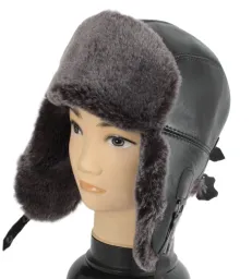 W446A Winter Long-Eared Pilot Hat Made Of Natural Leather