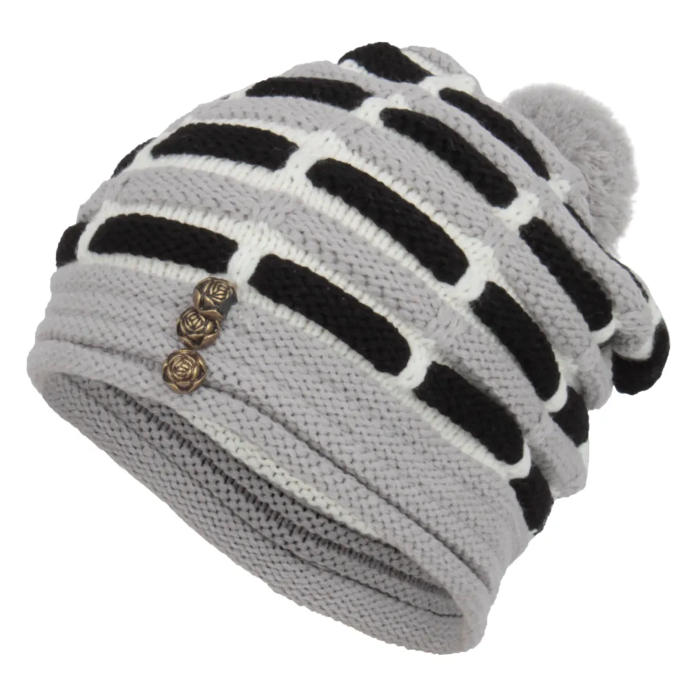 W87C Grey-Black Warm Dwarf Smurfette Winter Hat With Knitted Fashionable Patterns And Colors