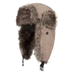 W441B Beige Winter Hat With Earflaps That Fasten At The Neck.