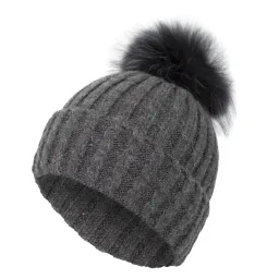 W401E Grey Women'S Knitted Winter Hat With A Pompom