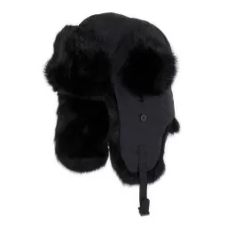 W44H Black A Warm Eared Winter Hat Insulated With Natural Rabbit Fur