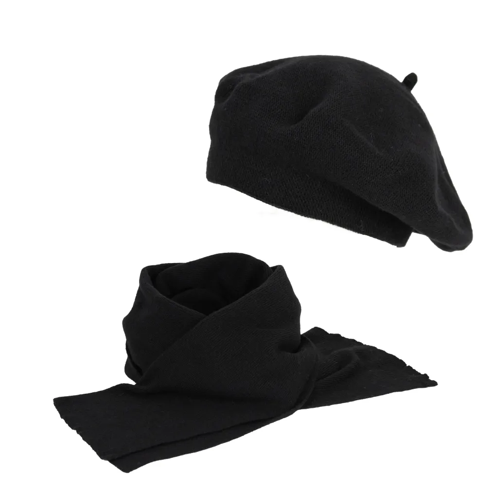 W478H2 Czarny komplet zimowy damski beret szalik