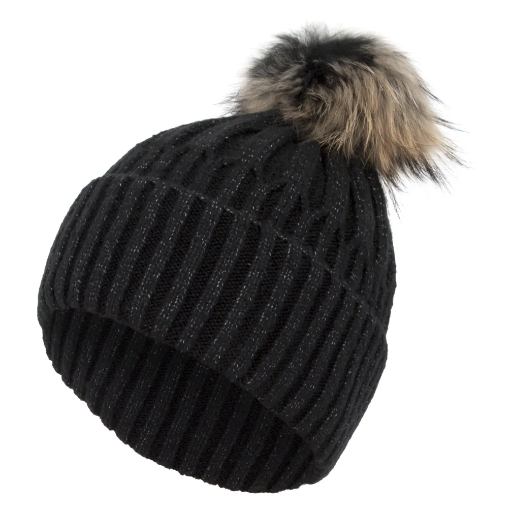 W403E Black Women'S Knitted Winter Hat With A Pompom