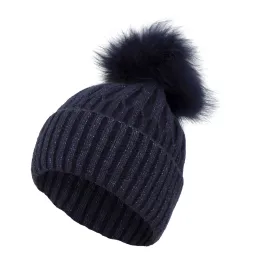 W403C Navy Women'S Knitted Winter Hat With A Pompom