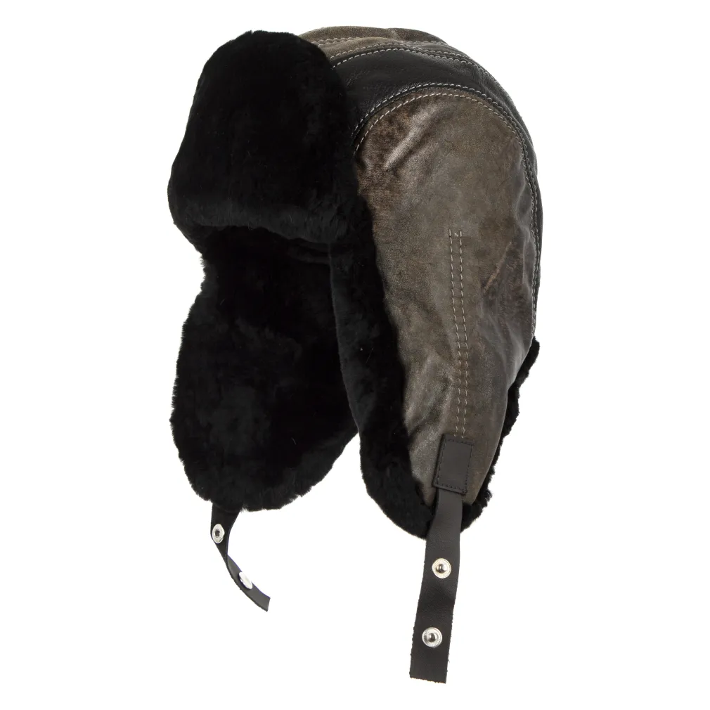 W449D Winter Long-Eared Pilot Hat Made Of Natural Leather