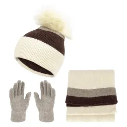 W453E Damski zimowy komplet beżowo-brązowy czapka szalik rękawiczki
