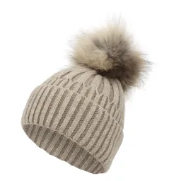 W403A Beige Women'S Knitted Winter Hat With A Pompom