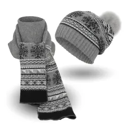 W322Bk Grey Polar Fashion Set Knitted Winter Hat Pompon Scarf Beanie Long Snowflake Theme