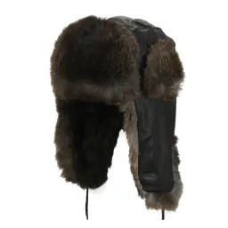 W43B Black-Brown Warm Winter Leather Eared Hat Insulated With Natural Rabbit Fur