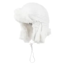 W235A Biała ciepła zimowa czapka uszatka zapinana pod szyje