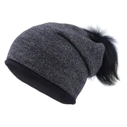 W371D Navy Polar Fashion Winter Hat Elegant With Cashmere Shiny Pompom With Jenot